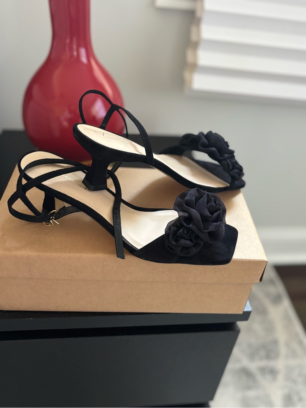 Anthropologie Black Rosette Open-Toe Strappy Heels